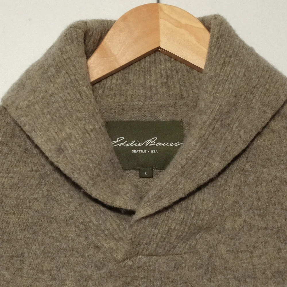 VTG Eddie Bauer Sweater Mens L 100% Lambswool Shawl Collar Academia Tan Heather